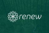 White text renew logo over green background with potted plants